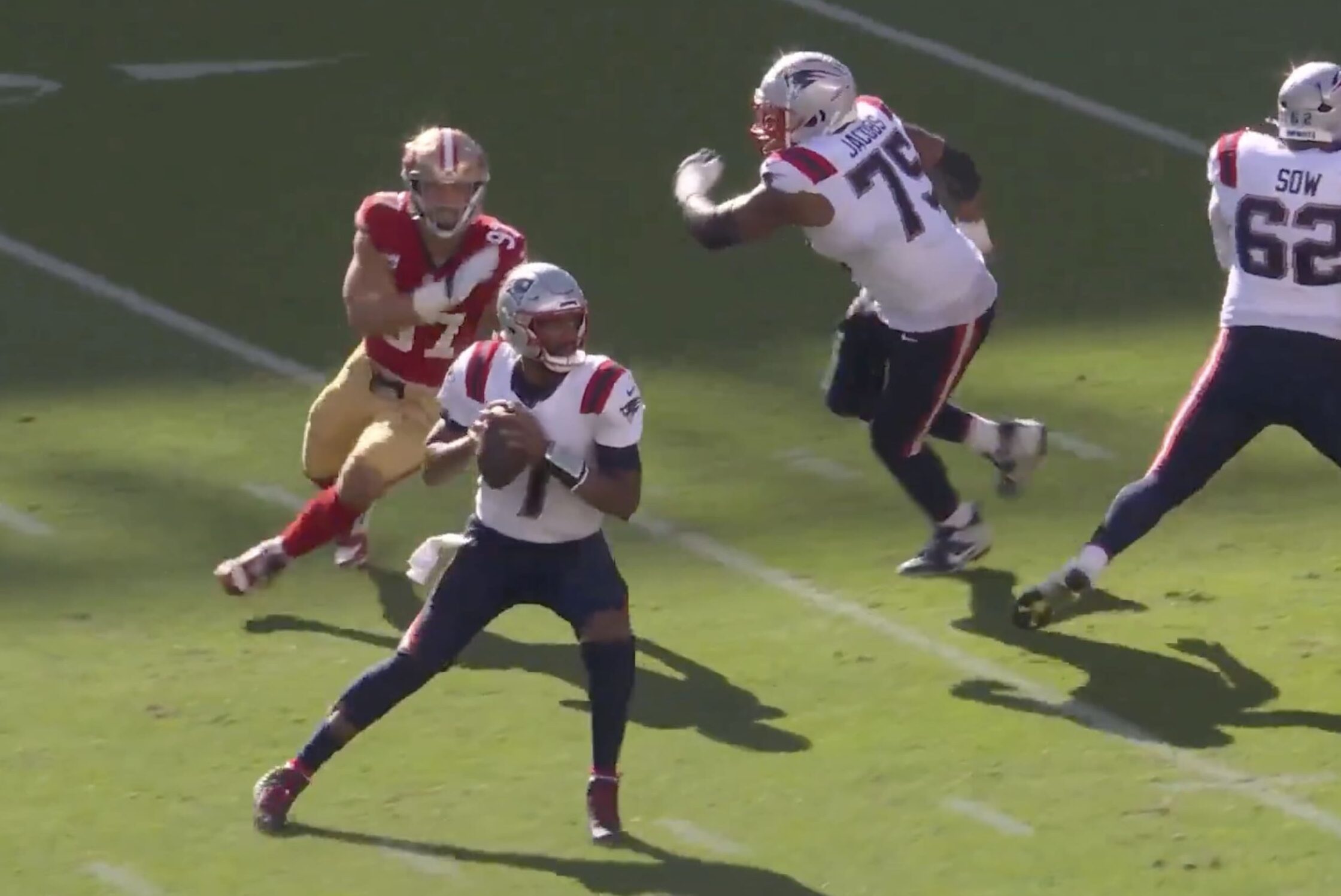San Francisco 49ers DE Nick Bosa sacks New England Patriots QB Jacoby Brissett on Sept. 29, 2024.